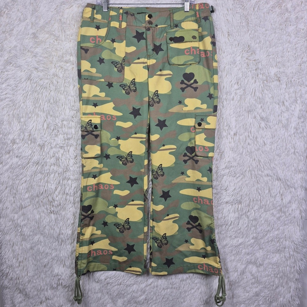 Tunnel Vision Chaos Camo Cargo Pants Green‎ Y2K Butterfly Skull Wide Leg Large